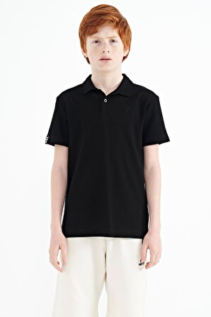 Siyah Minimal Nakış Detaylı Standart Kalıp Polo Yaka Erkek Çocuk T-Shirt - 11084 | 5-6 Yaş