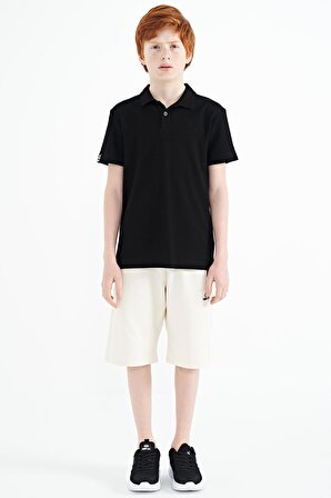 Siyah Minimal Nakış Detaylı Standart Kalıp Polo Yaka Erkek Çocuk T-Shirt - 11084 | 5-6 Yaş