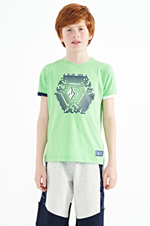 Neon Yeşil Kol Ucu Renkli Detaylı Baskılı Standart Kalıp Erkek Çocuk T-Shirt - 11156 | 9-10 Yaş