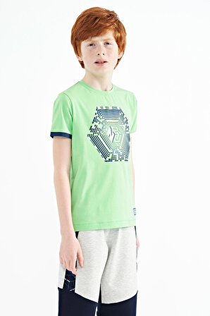 Neon Yeşil Kol Ucu Renkli Detaylı Baskılı Standart Kalıp Erkek Çocuk T-Shirt - 11156 | 9-10 Yaş