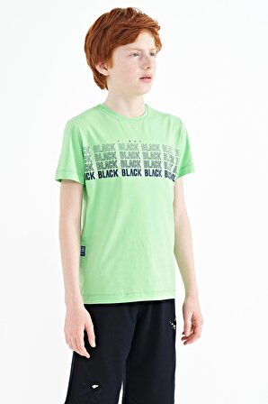 Neon Yeşil Yazı Baskılı O Yaka Standart Kalıp Erkek Çocuk T-Shirt - 11149 | 13-14 Yaş