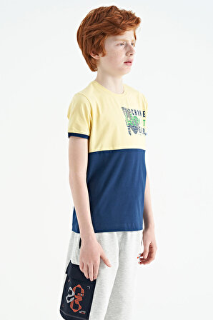 Sarı Baskı Detaylı Renk Bloklu Standart Kalıp O Yaka Erkek Çocuk T-Shirt - 11107 | 9-10 Yaş