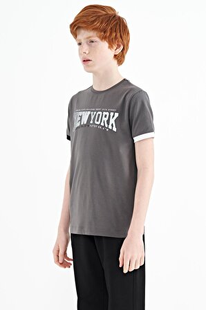 Koyu Gri Yazı Baskılı Standart Kalıp O Yaka Erkek  Çocuk T-Shirt - 11105 | 3-4 Yaş