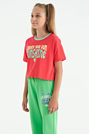 Rose Renkli Yazı Baskılı O Yaka Oversize  Kısa Kollu Kız Çocuk T-Shirt - 75111 | 9-10 Yaş