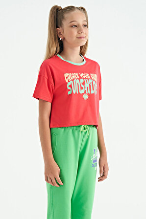 Rose Renkli Yazı Baskılı O Yaka Oversize  Kısa Kollu Kız Çocuk T-Shirt - 75111 | 9-10 Yaş