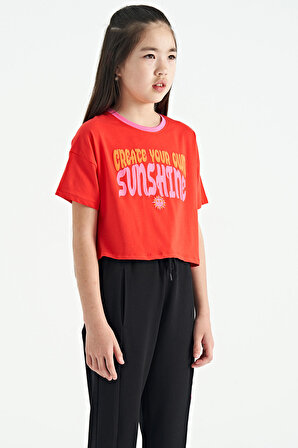 Fiesta Renkli Yazı Baskılı O Yaka Oversize  Kısa Kollu Kız Çocuk T-Shirt - 75111 | 7-8 Yaş