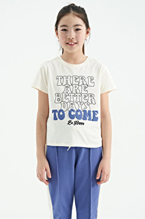 Ekru O Yaka Yazı Baskılı Rahat Form Kısa Kollu Cropped Kız Çocuk T-Shirt - 75118 | 13-14 Yaş