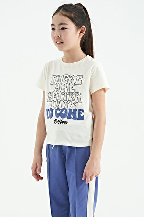 Ekru O Yaka Yazı Baskılı Rahat Form Kısa Kollu Cropped Kız Çocuk T-Shirt - 75118 | 13-14 Yaş