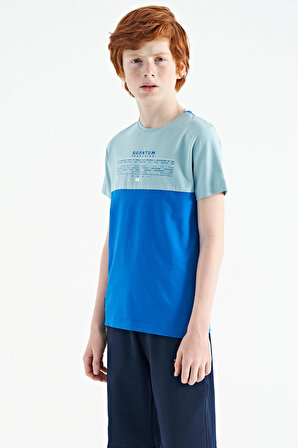 Saks Yazı Baskılı Renk Bloklu Standart Kalıp O Yaka Erkek Çocuk T-Shirt - 11134 | 12-13 Yaş