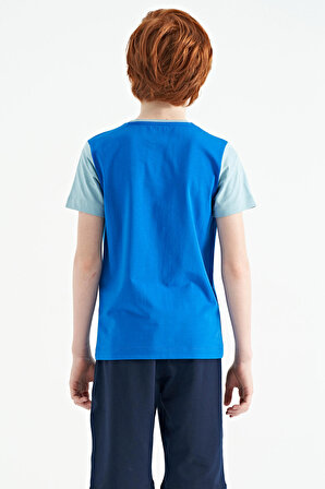 Saks Yazı Baskılı Renk Bloklu Standart Kalıp O Yaka Erkek Çocuk T-Shirt - 11134 | 12-13 Yaş