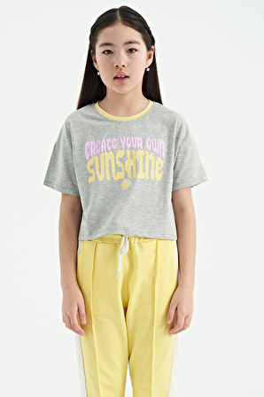 Gri Melanj Renkli Yazı Baskılı O Yaka Oversize  Kısa Kollu Kız Çocuk T-Shirt - 75111