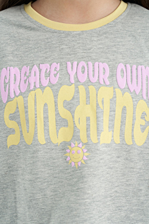 Gri Melanj Renkli Yazı Baskılı O Yaka Oversize  Kısa Kollu Kız Çocuk T-Shirt - 75111