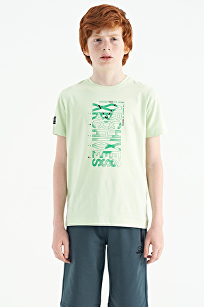 Açık Yeşil Ön Baskı Detaylı O Yaka Standart Kalıp Erkek Çocuk T-Shirt - 11099