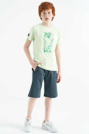 Açık Yeşil Ön Baskı Detaylı O Yaka Standart Kalıp Erkek Çocuk T-Shirt - 11099
