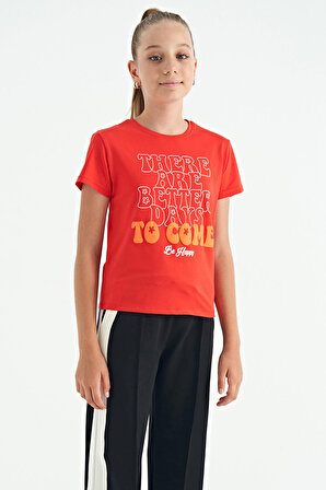 Fiesta O Yaka Yazı Baskılı Rahat Form Kısa Kollu Cropped Kız Çocuk T-Shirt - 75118 | 12-13 Yaş