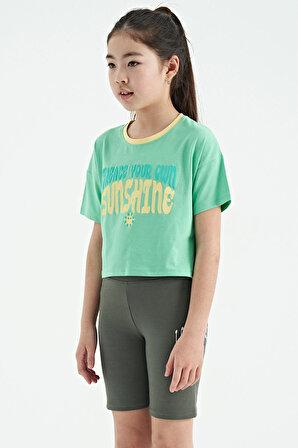 Su Yeşili Renkli Yazı Baskılı O Yaka Oversize  Kısa Kollu Kız Çocuk T-Shirt - 75111 | 13-14 Yaş