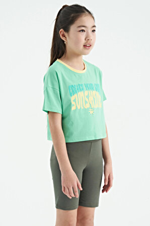 Su Yeşili Renkli Yazı Baskılı O Yaka Oversize  Kısa Kollu Kız Çocuk T-Shirt - 75111 | 13-14 Yaş