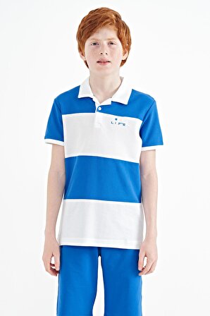 Beyaz Renk Bloklu Yazı Nakışlı Standart Kalıp Polo Yaka Erkek Çocuk T-Shirt - 11095 | 14-15 Yaş