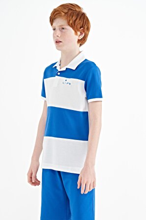 Beyaz Renk Bloklu Yazı Nakışlı Standart Kalıp Polo Yaka Erkek Çocuk T-Shirt - 11095 | 14-15 Yaş