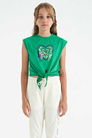 Yeşil Kalp Baskılı Ön Düğüm Detaylı Rahat Form Kız Çocuk T-Shirt - 75114 | 12-13 Yaş