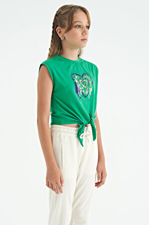 Yeşil Kalp Baskılı Ön Düğüm Detaylı Rahat Form Kız Çocuk T-Shirt - 75114 | 12-13 Yaş