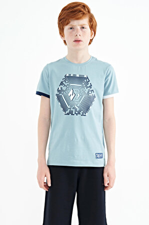 Açık Mavi Kol Ucu Renkli Detaylı Baskılı Standart Kalıp Erkek Çocuk T-Shirt - 11156 | 13-14 Yaş