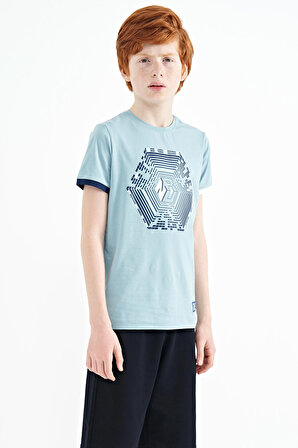 Açık Mavi Kol Ucu Renkli Detaylı Baskılı Standart Kalıp Erkek Çocuk T-Shirt - 11156 | 13-14 Yaş