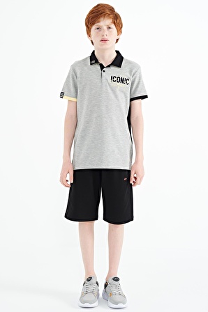 Gri Melanj Yaka Gögüs Nakış Detaylı Standart Kalıp Polo Yaka Erkek Çocuk T-Shirt - 11139