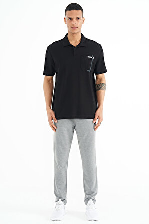 Siyah Cep Detaylı Baskılı Standart Kalıp Polo Yaka Erkek T-Shirt - 88241 | XL