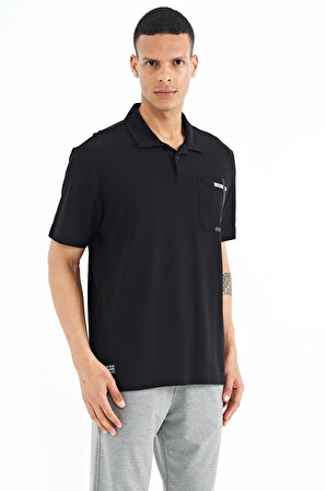 Siyah Cep Detaylı Baskılı Standart Kalıp Polo Yaka Erkek T-Shirt - 88241 | XL