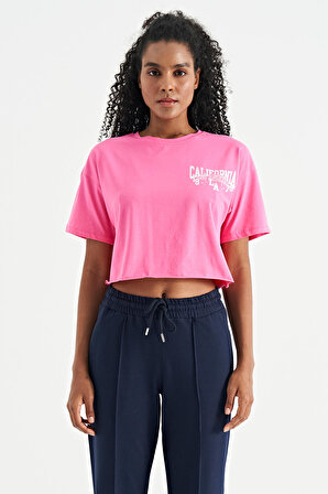 Şeker Pembe Baskılı Düşük Kol Detaylı Oversize Kadın Crop T-Shirt - 02179 | S