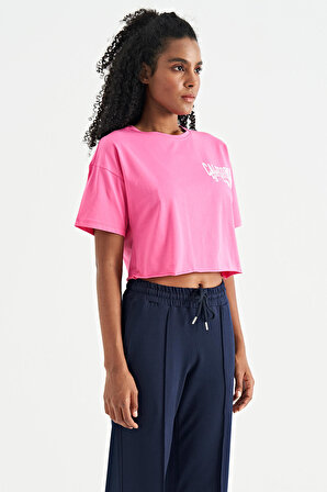 Şeker Pembe Baskılı Düşük Kol Detaylı Oversize Kadın Crop T-Shirt - 02179 | S