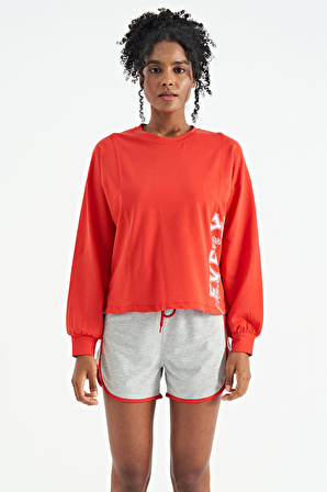 Fiesta Nakış Detaylı Balon Kol Crop Basic Kadın Sweatshirt - 02118 | S