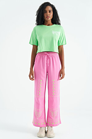 Neon Yeşil Baskılı Düşük Kol Detaylı Oversize Kadın Crop T-Shirt - 02179 | L