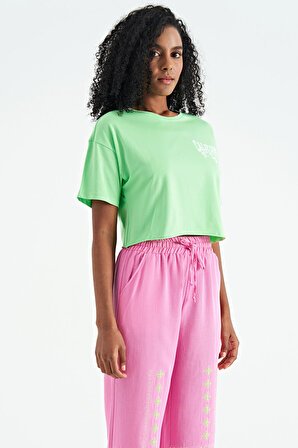 Neon Yeşil Baskılı Düşük Kol Detaylı Oversize Kadın Crop T-Shirt - 02179 | L