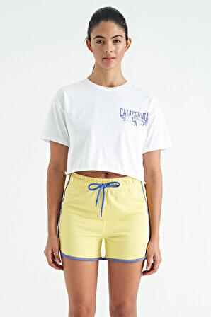 Beyaz Baskılı Düşük Kol Detaylı Oversize Kadın Crop T-Shirt - 02179 | M