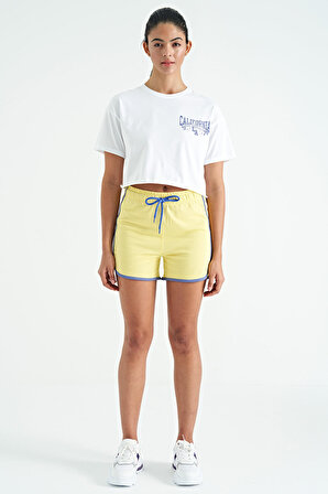 Beyaz Baskılı Düşük Kol Detaylı Oversize Kadın Crop T-Shirt - 02179 | M
