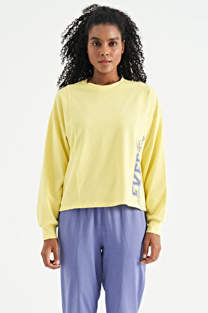 Limon Nakış Detaylı Balon Kol Crop Basic Kadın Sweatshirt - 02118 | S