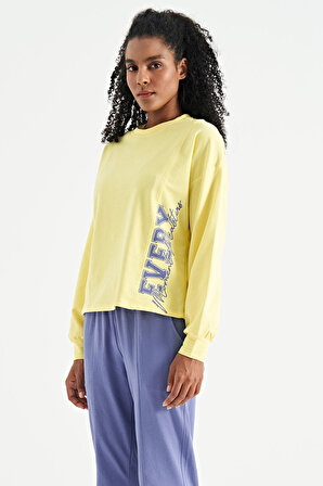 Limon Nakış Detaylı Balon Kol Crop Basic Kadın Sweatshirt - 02118 | S