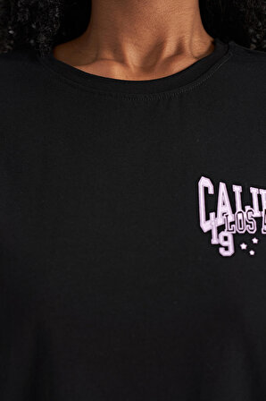 Siyah Baskılı Düşük Kol Detaylı Oversize Kadın Crop T-Shirt - 02179 | S
