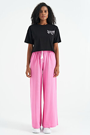 Siyah Baskılı Düşük Kol Detaylı Oversize Kadın Crop T-Shirt - 02179 | S