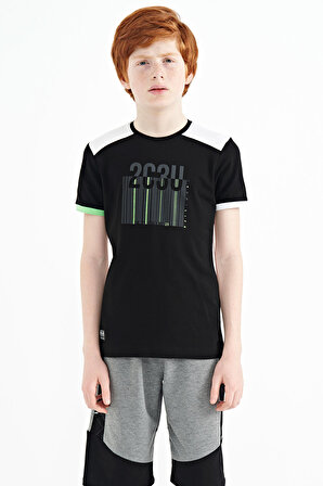 Siyah Baskı Detaylı O Yaka Standart Kalıp Erkek Çocuk T-Shirt - 11157 | 10-11 Yaş