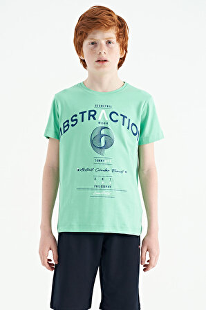 Su Yeşili Yazı Baskı Detaylı O Yaka Standart Kalıp Erkek Çocuk T-Shirt - 11103 | 12-13 Yaş