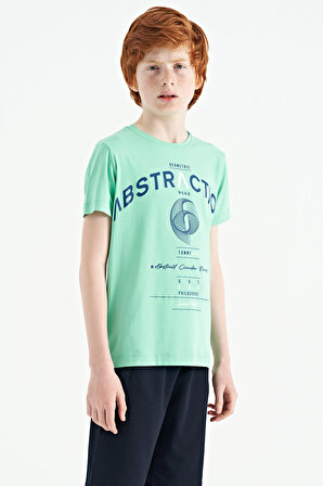 Su Yeşili Yazı Baskı Detaylı O Yaka Standart Kalıp Erkek Çocuk T-Shirt - 11103 | 12-13 Yaş