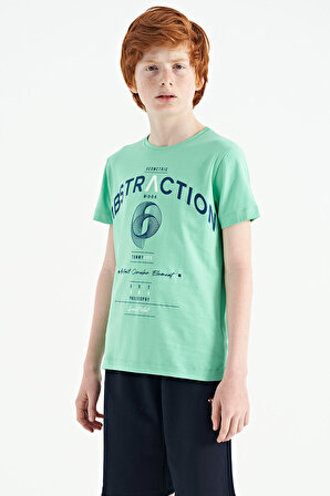 Su Yeşili Yazı Baskı Detaylı O Yaka Standart Kalıp Erkek Çocuk T-Shirt - 11103 | 7-8 Yaş