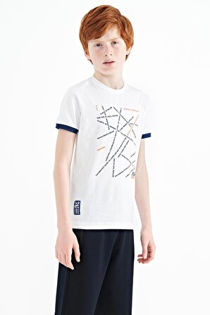 Beyaz Minimal Yazı Baskılı Standart Kalıp O Yaka Erkek Çocuk T-Shirt - 11132 | 10-11 Yaş