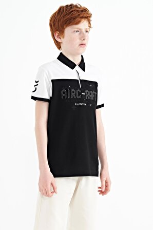 Siyah Renk Bloklu Yazı Nakışlı Standart Kalıp Polo Yaka Erkek Çocuk T-Shirt - 11087 | 13-14 Yaş