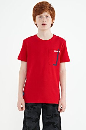 Kırmızı Cep Detaylı O Yaka Standart Kalıp Erkek Çocuk T-Shirt - 11120 | 12-13 Yaş