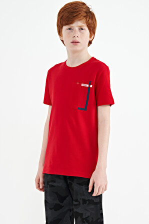 Kırmızı Cep Detaylı O Yaka Standart Kalıp Erkek Çocuk T-Shirt - 11120 | 12-13 Yaş
