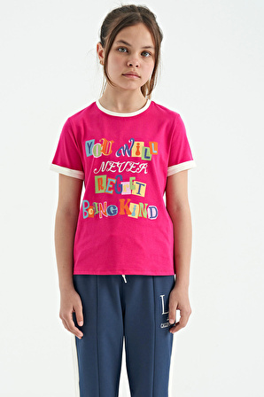 Fuşya Renkli Yazı Detaylı O Yaka Rahat Form Kız Çocuk T-Shirt - 75109